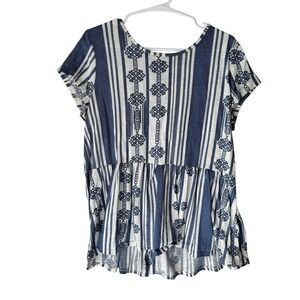 Jolt Womens XL Blue White Geometric Stripe Peplum Button Back Short Sleeve Top